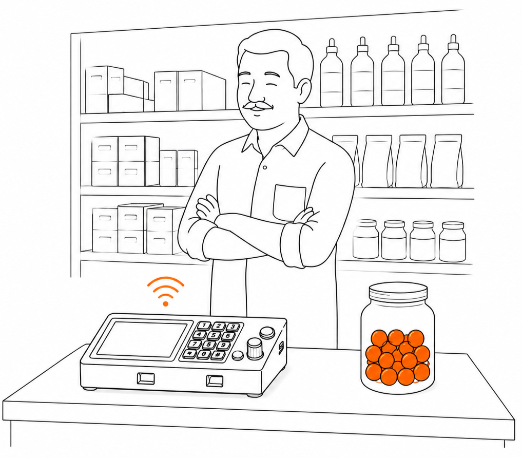 Shopkeeper at kirana store with POS device and stocked shelves