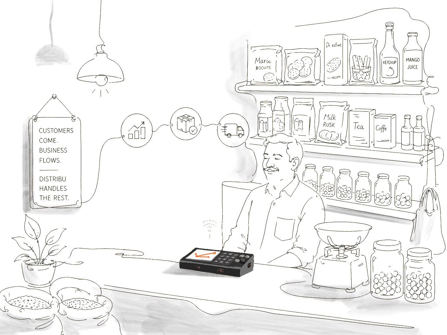 Shopkeeper at kirana store — customers come, business flows, Distribu handles the rest